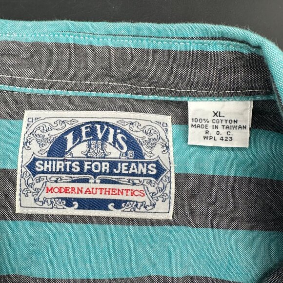 Vintage Levis Button Up Shirt Mens XL Striped Long Sleeve Teal Gray 1980s Taiwan - Picture 4 of 9